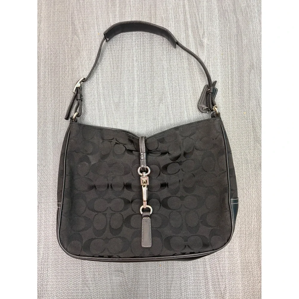 Vintage Coach Shoulder Bag Small Black Hampton Clip Signature Y2K Canvas Leather